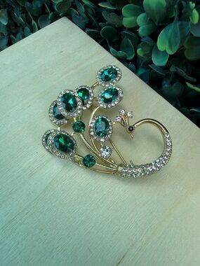 Gold Peacock Brooch with Emerald Green Crystals - Elegant Women’s Jewelry